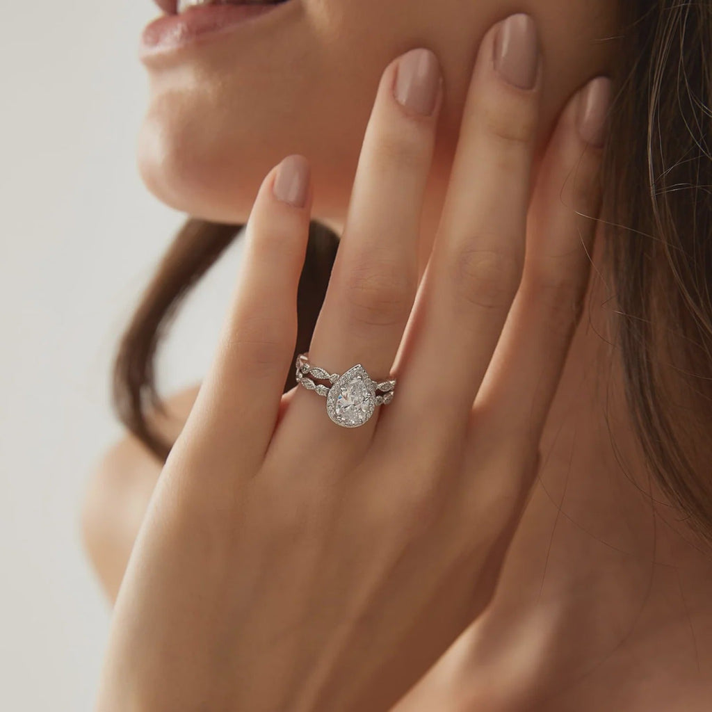 Pear-Shaped Solitaire Halo Stackable Ring Set