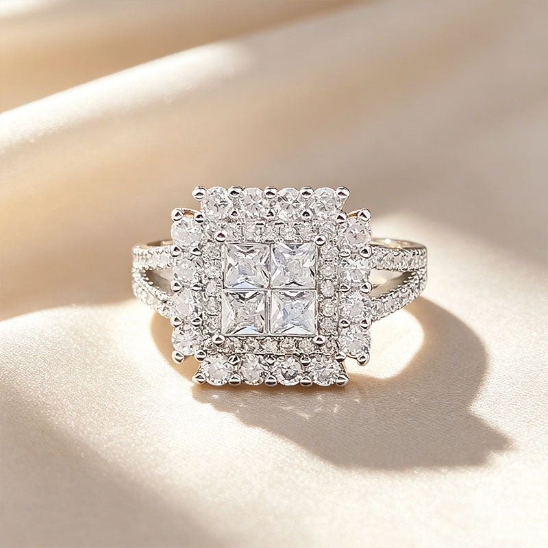 Halo ring with a square-cut diamond