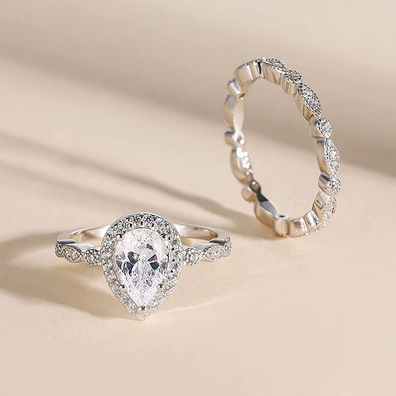 Pear-Shaped Solitaire Halo Stackable Ring Set