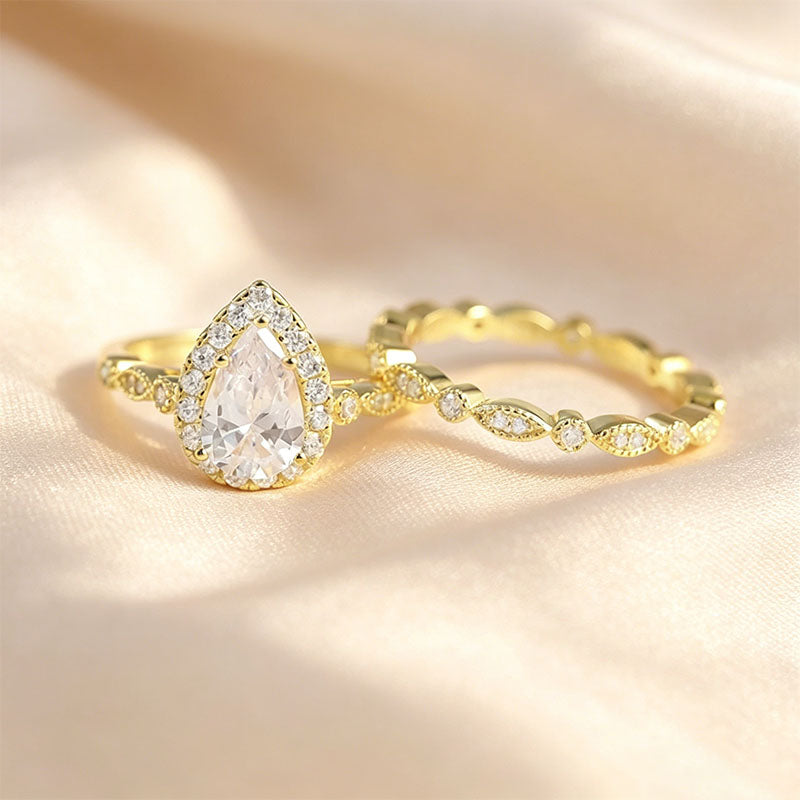 Pear-Shaped Solitaire Halo Stackable Ring Set