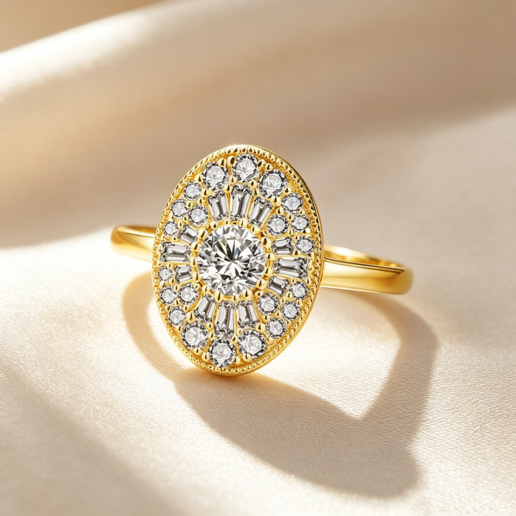 Oval Halo Sunburst Moissanite Ring