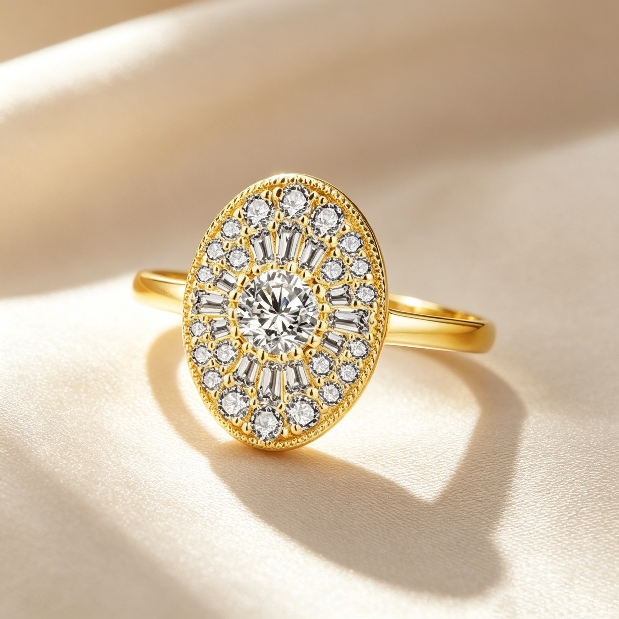 Oval Halo Sunburst Moissanite Ring
