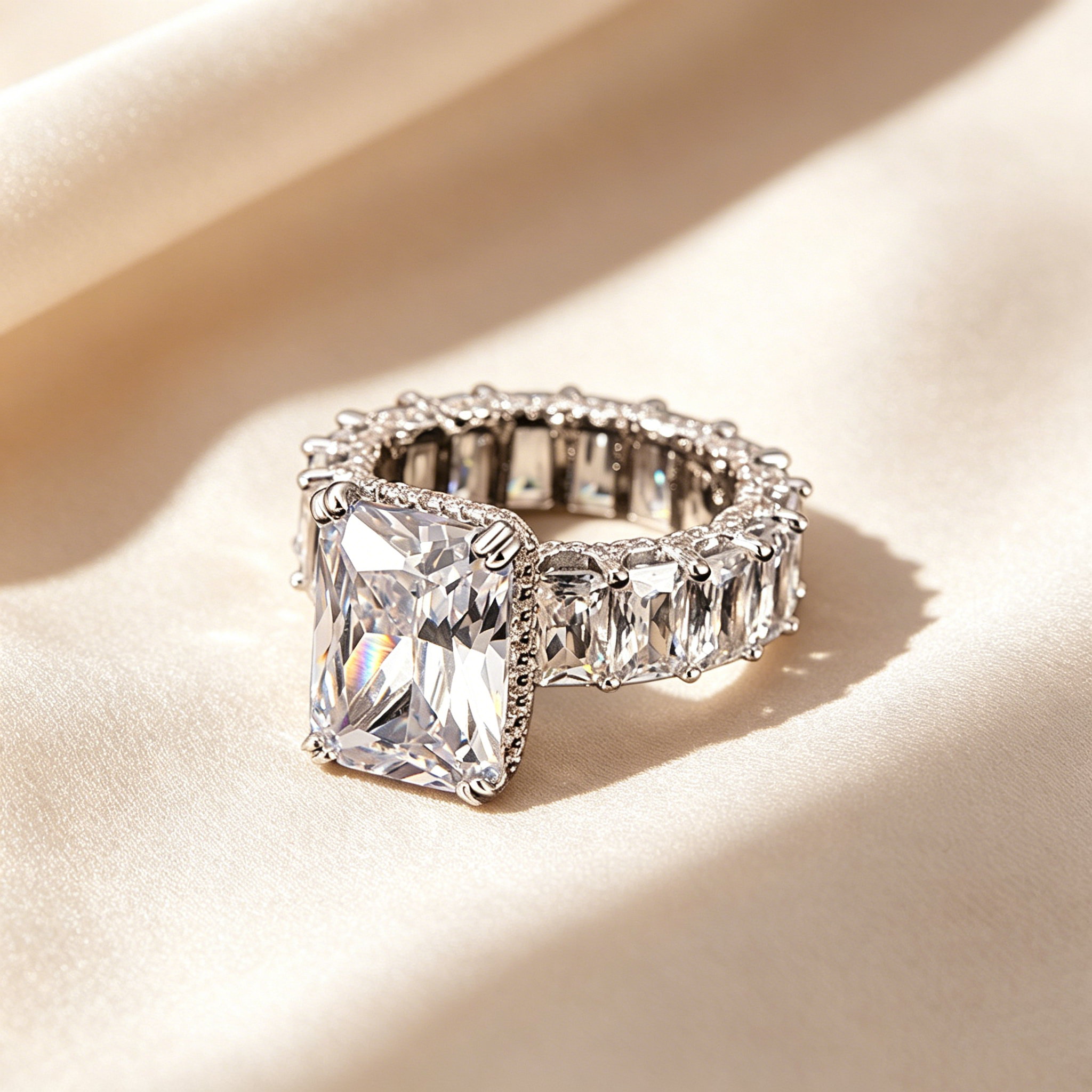 Emerald Cut Full Pavé Moissanite Ring