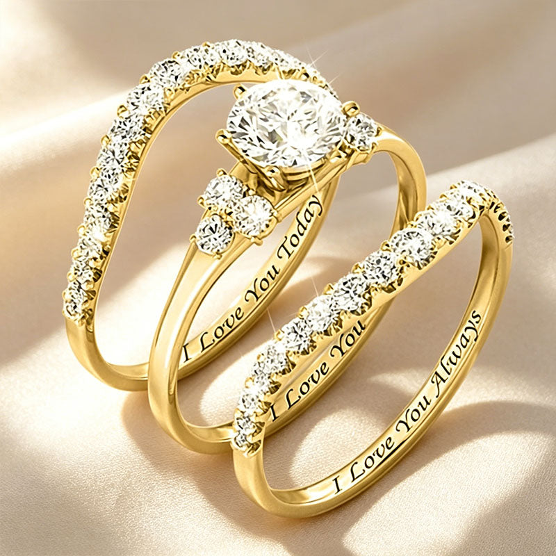 Round-cut gemstone promise ring three-piece set