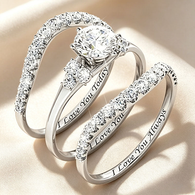 Round-cut gemstone promise ring three-piece set