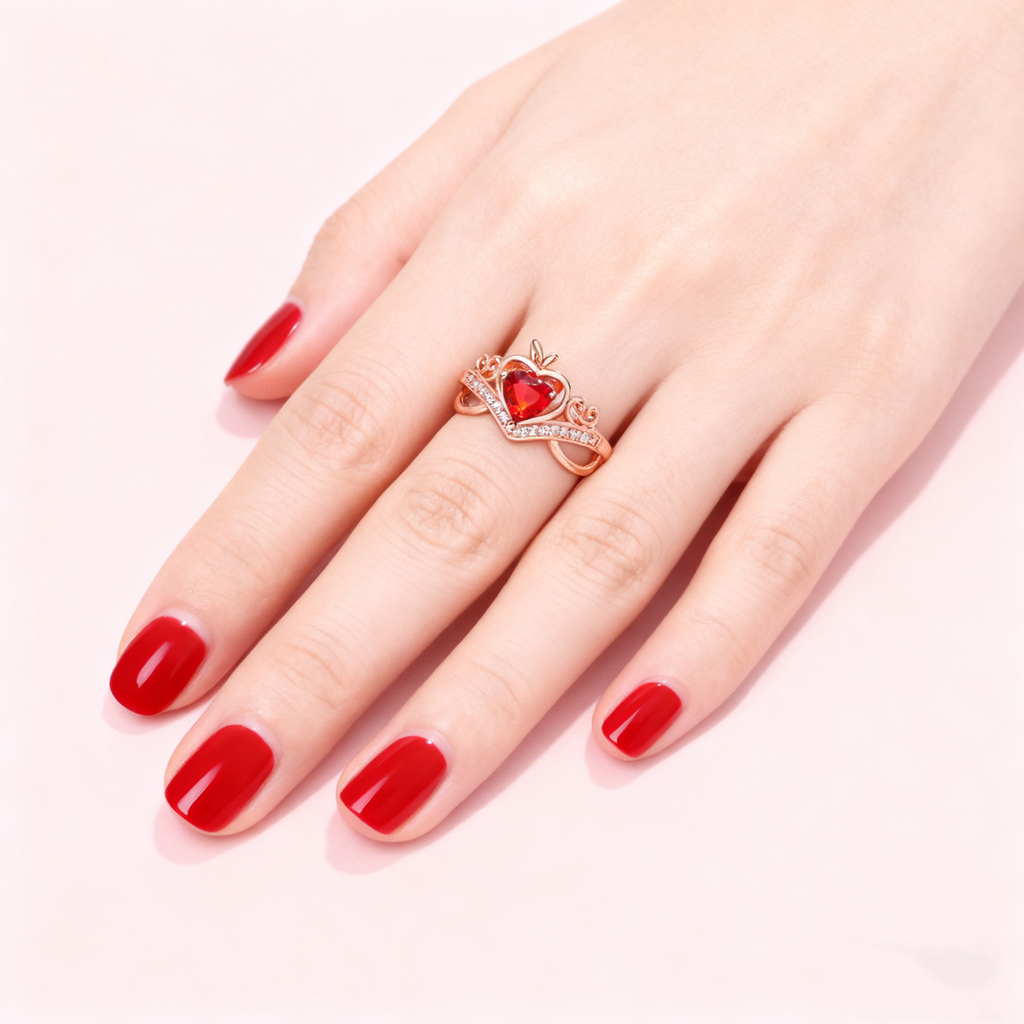 Heart-Cut Red Crystal Crown Ring