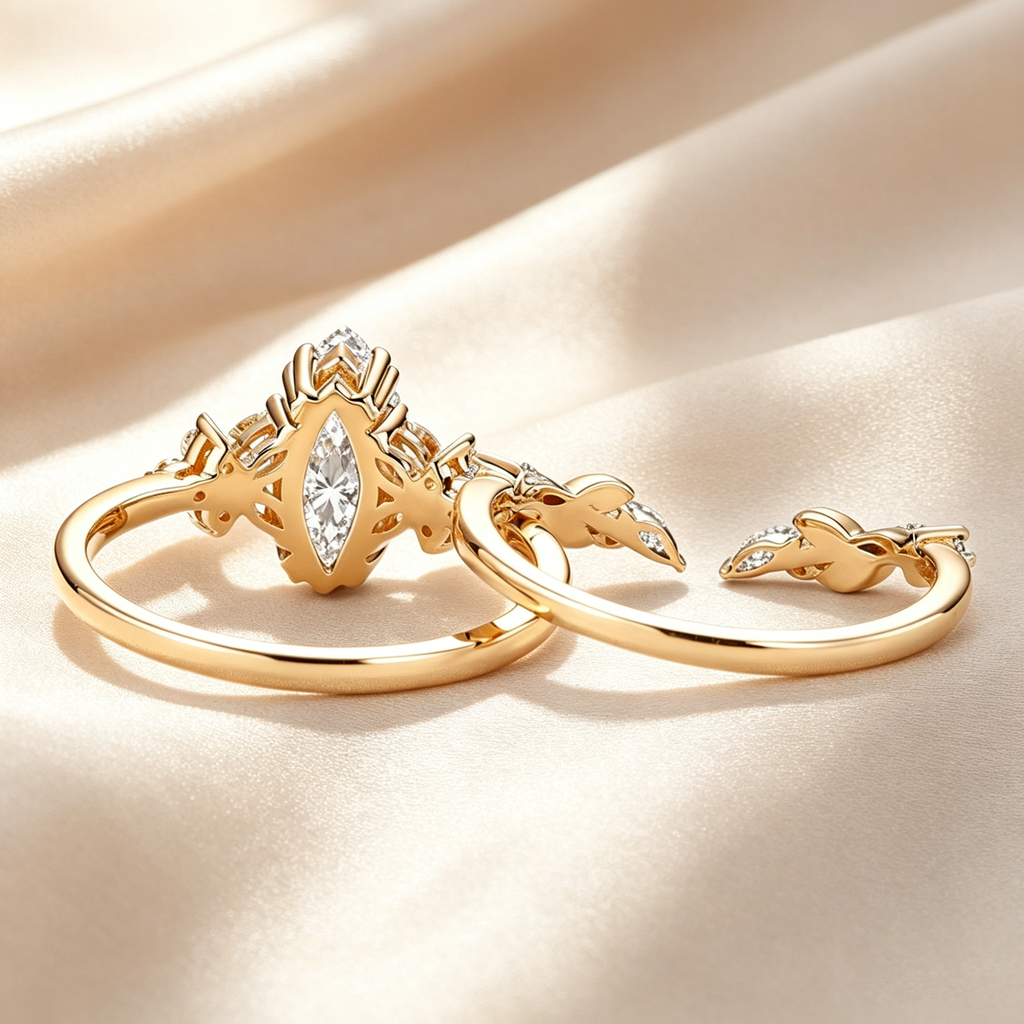 Marquise Floral Leaf Accent Moissanite Ring Set