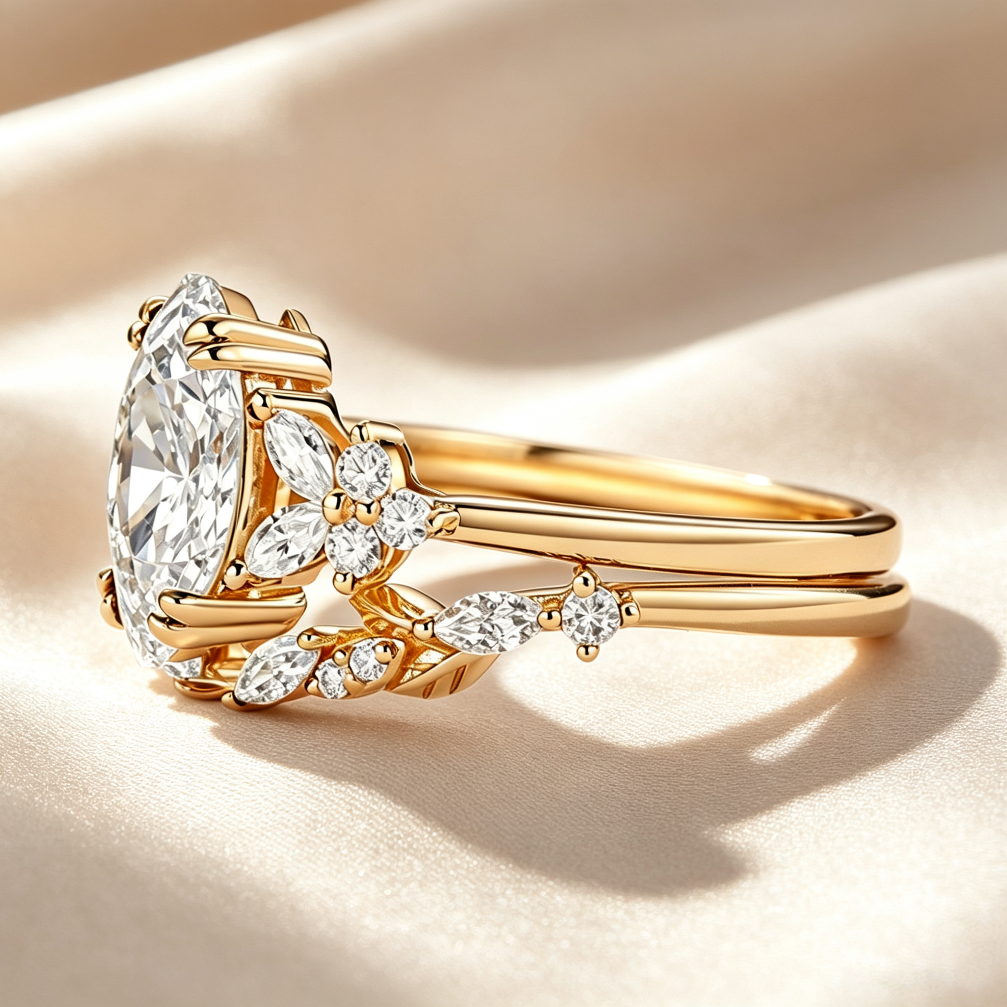 Marquise Floral Leaf Accent Moissanite Ring Set
