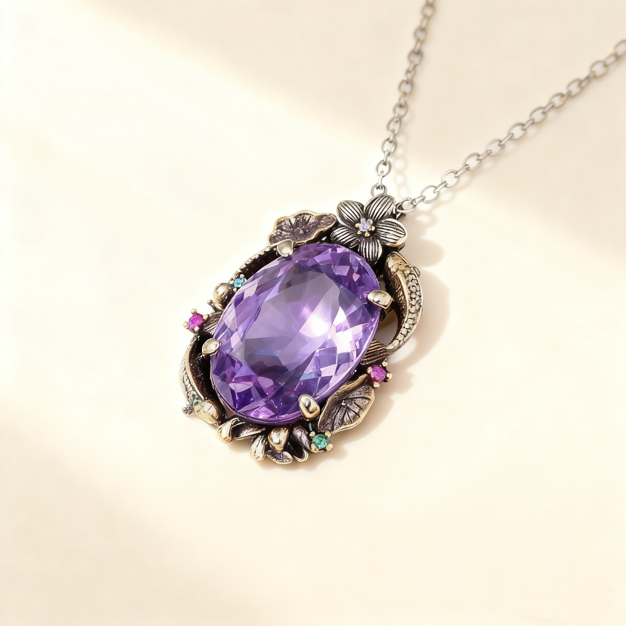 Amethyst & Multicolor Gem Twin Fish Lotus Jewelry Set