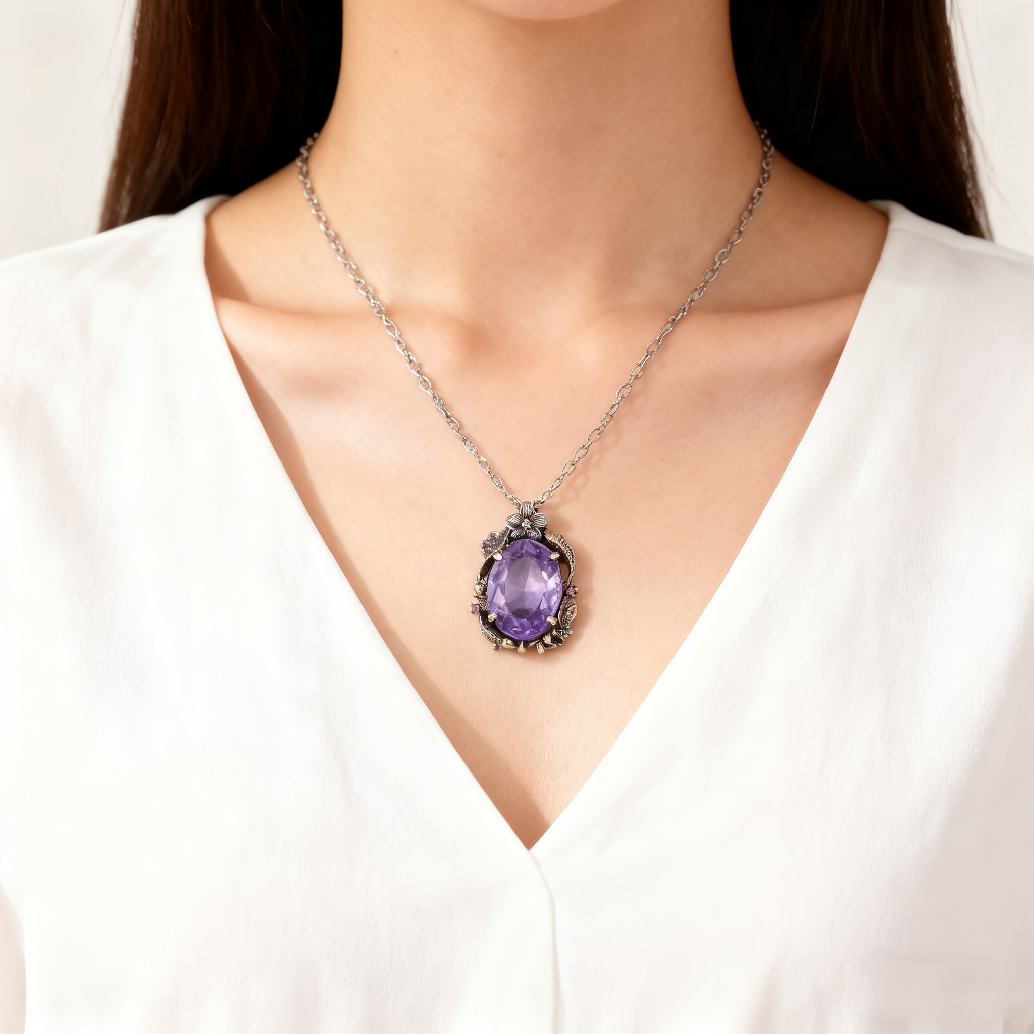 Amethyst & Multicolor Gem Twin Fish Lotus Jewelry Set