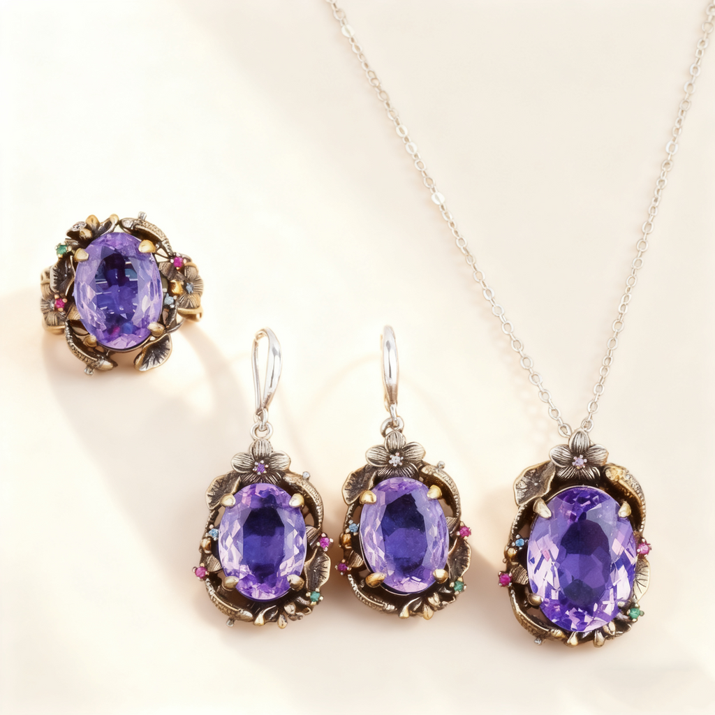 Amethyst & Multicolor Gem Twin Fish Lotus Jewelry Set