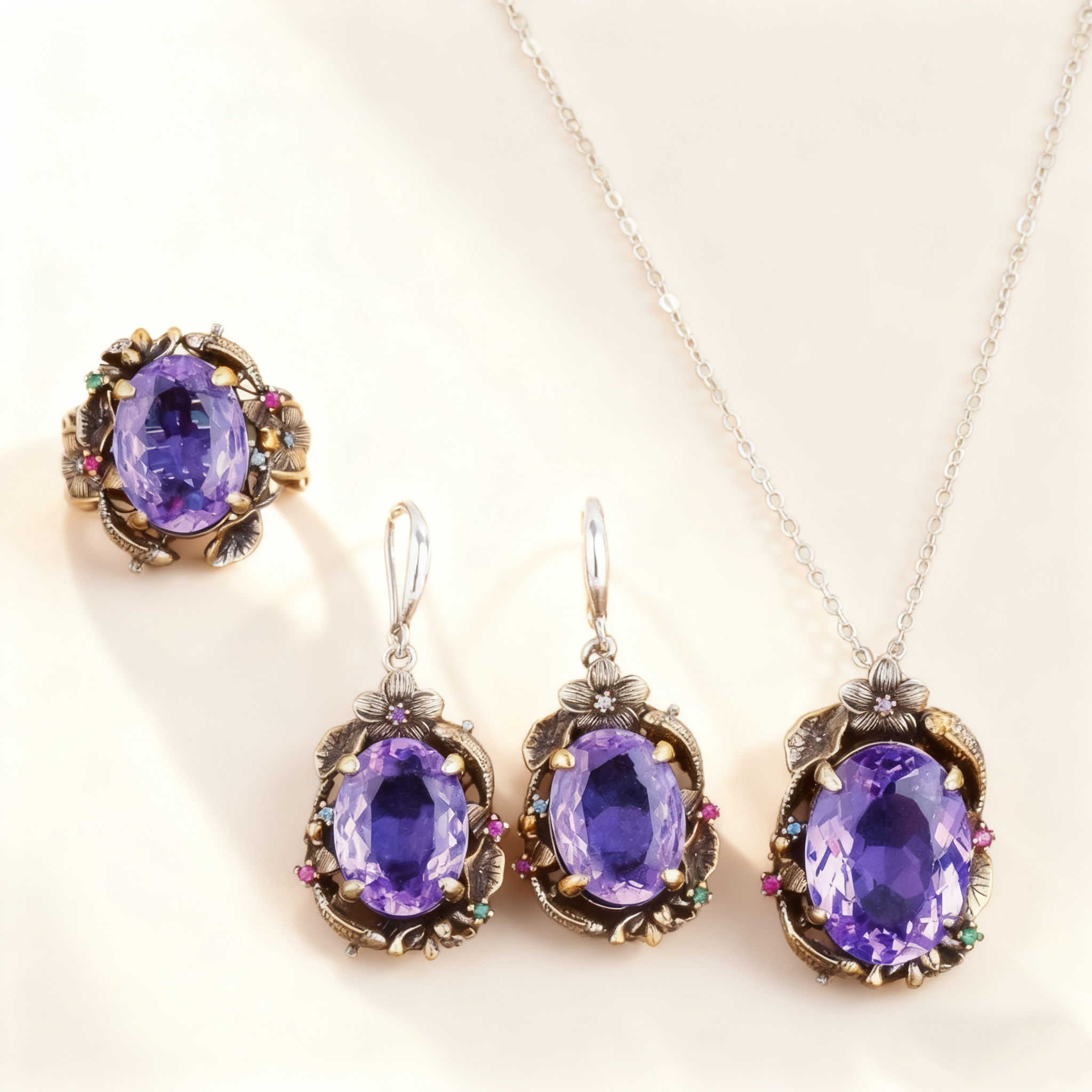 Amethyst & Multicolor Gem Twin Fish Lotus Jewelry Set