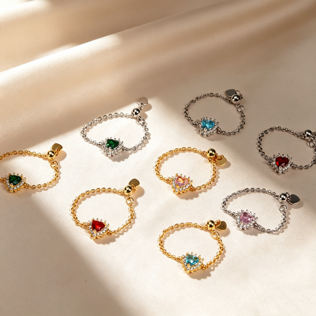 Adjustable Heart Crystal Chain Ring
