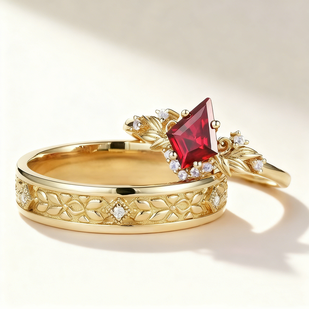 Red Sapphire & Diamond Couple Rings