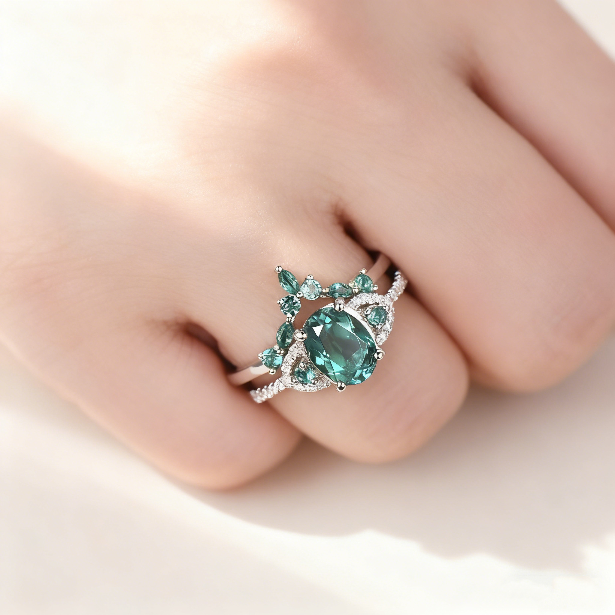 Oval-Cut Green Gemstone Crown Ring Set