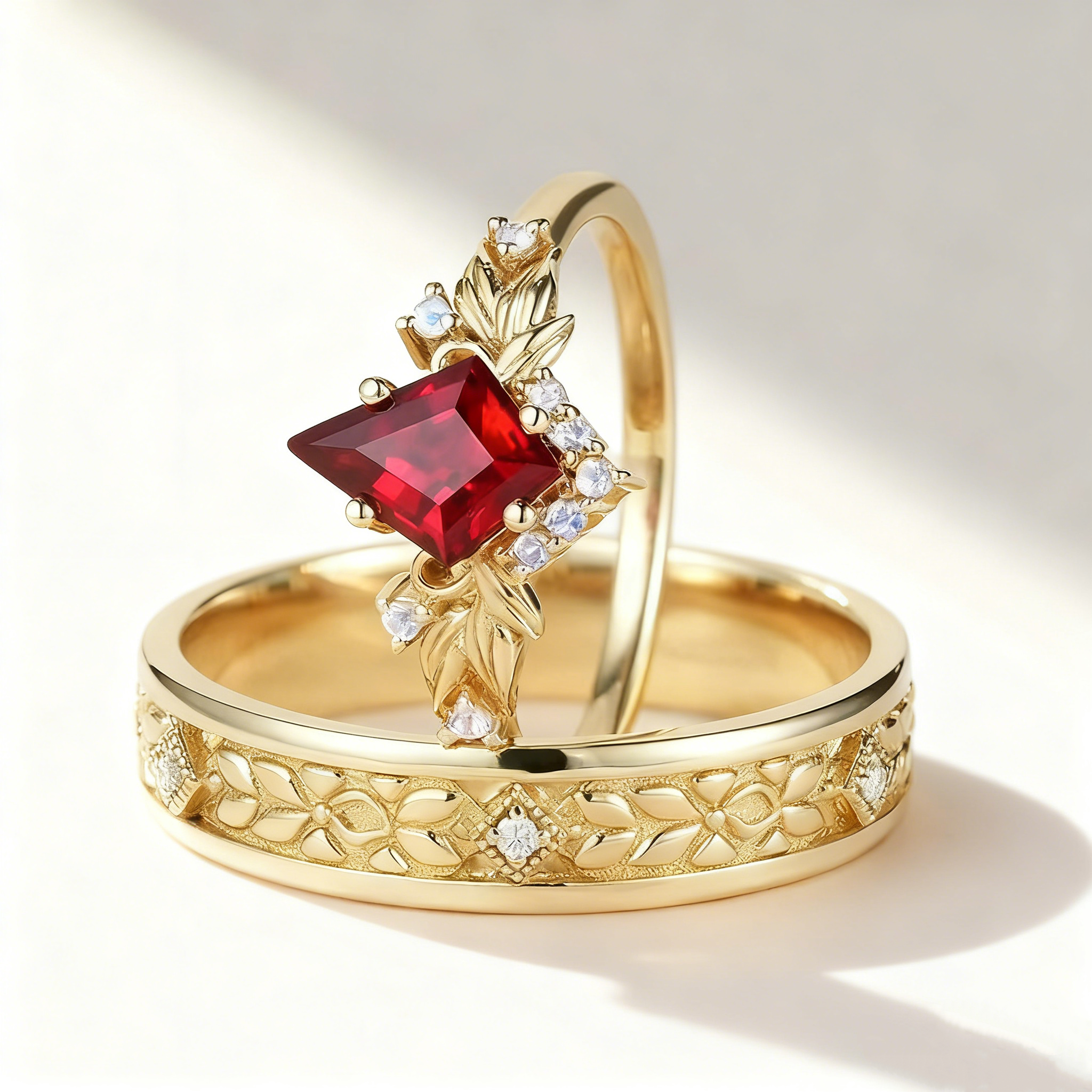 Red Sapphire & Diamond Couple Rings