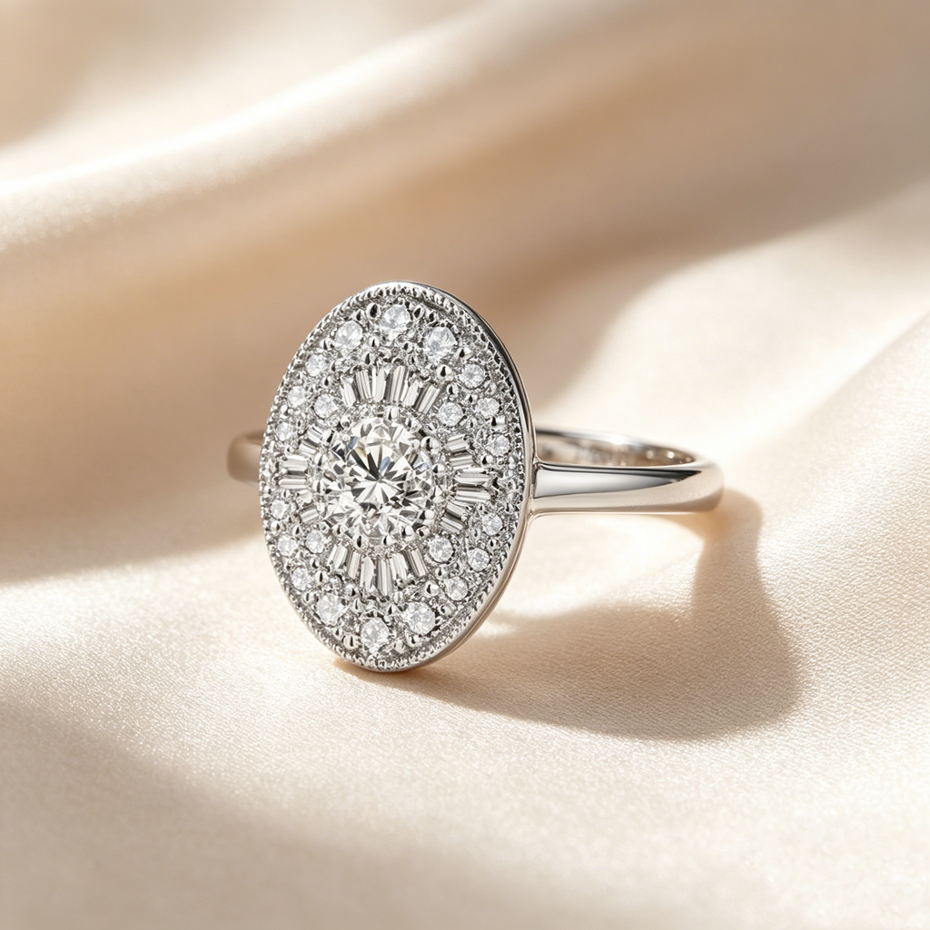 Oval Halo Sunburst Moissanite Ring
