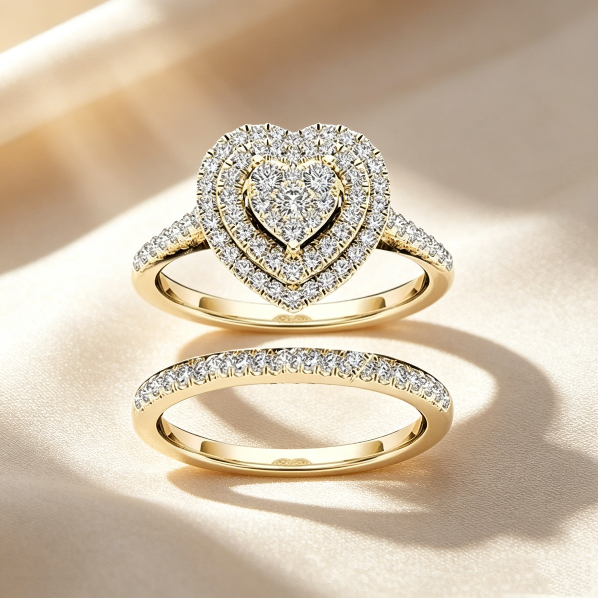 Two-piece set of full diamond heart-shaped rings