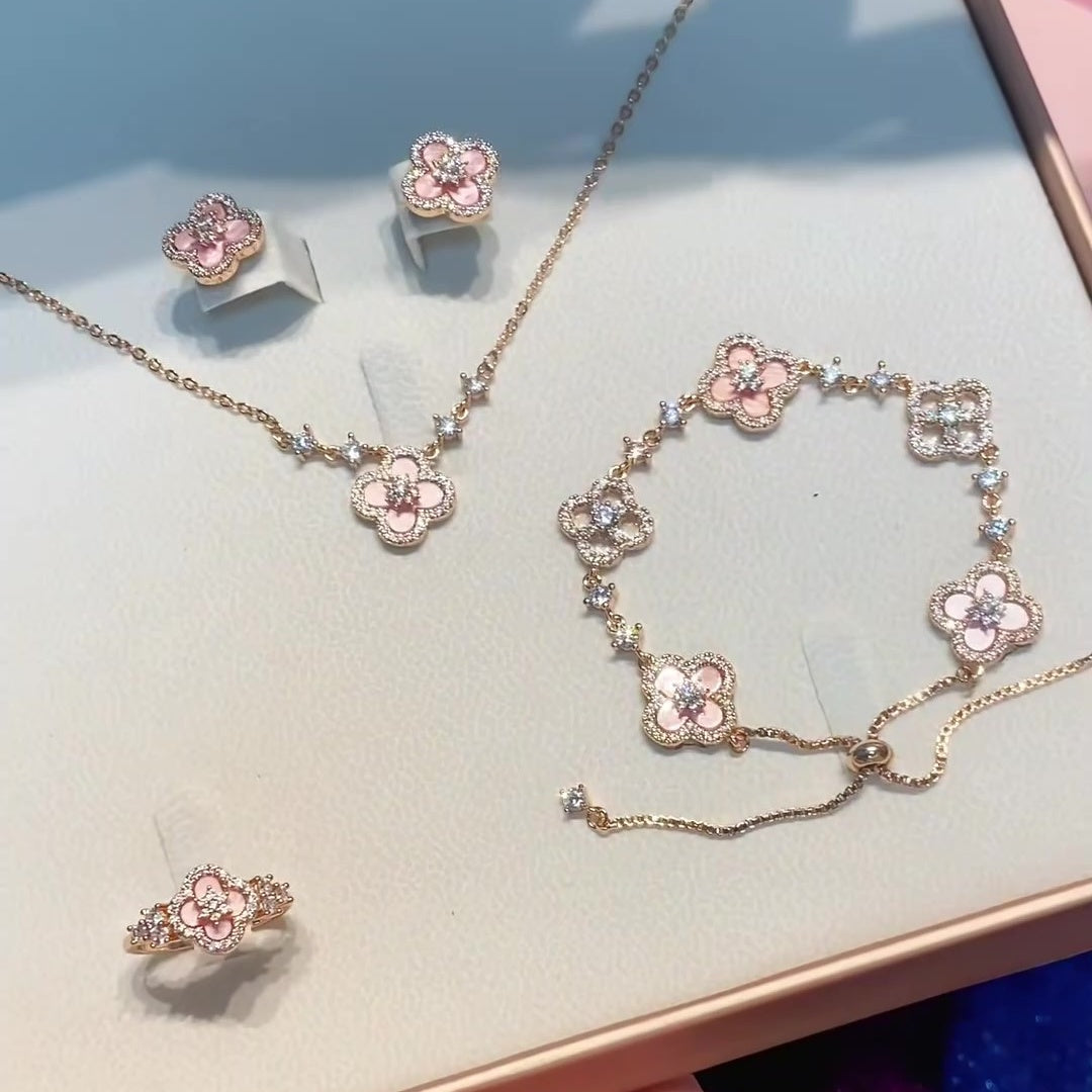 Four-leaf flower cluster • Pink shell bracelet & necklace & ring & earrings