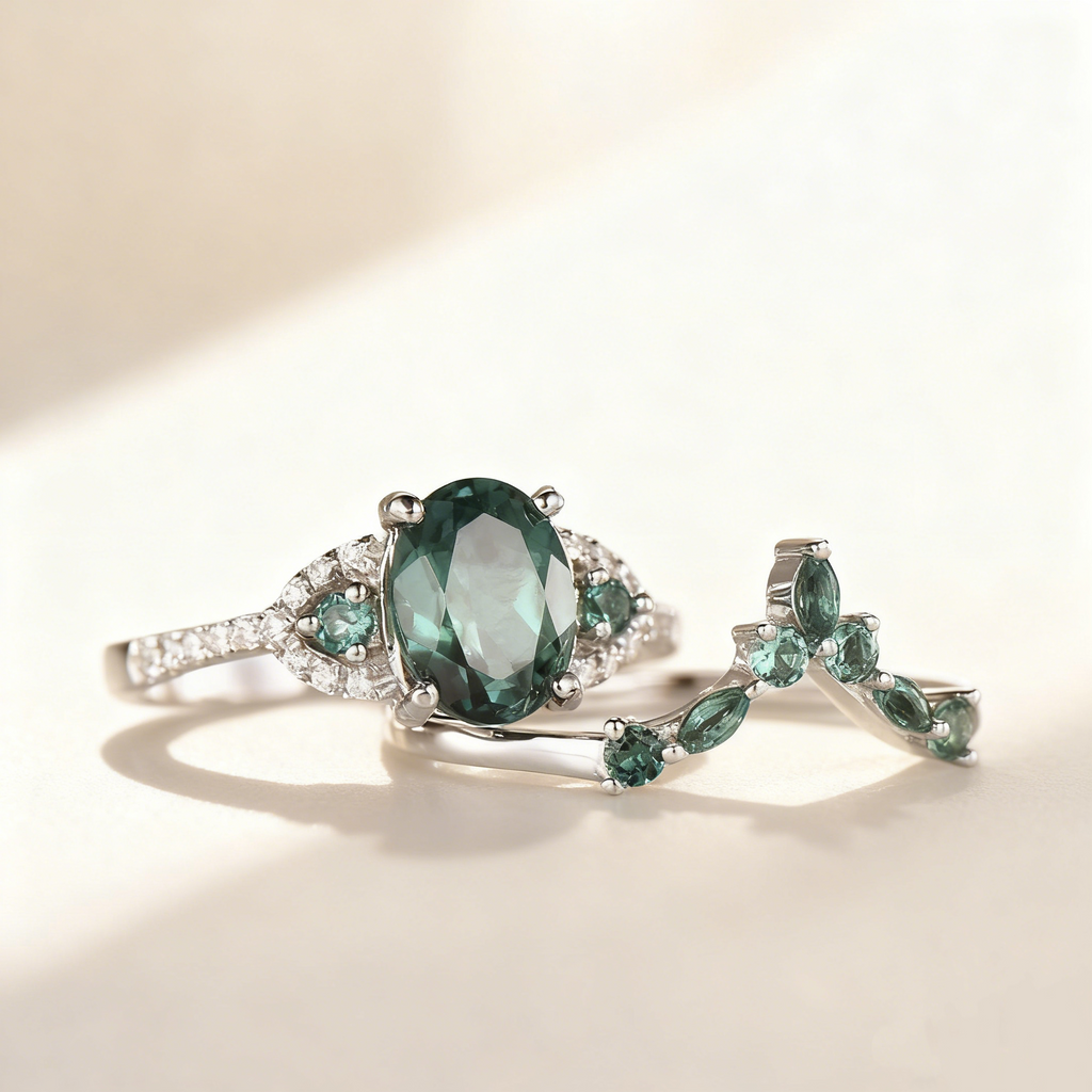 Oval-Cut Green Gemstone Crown Ring Set