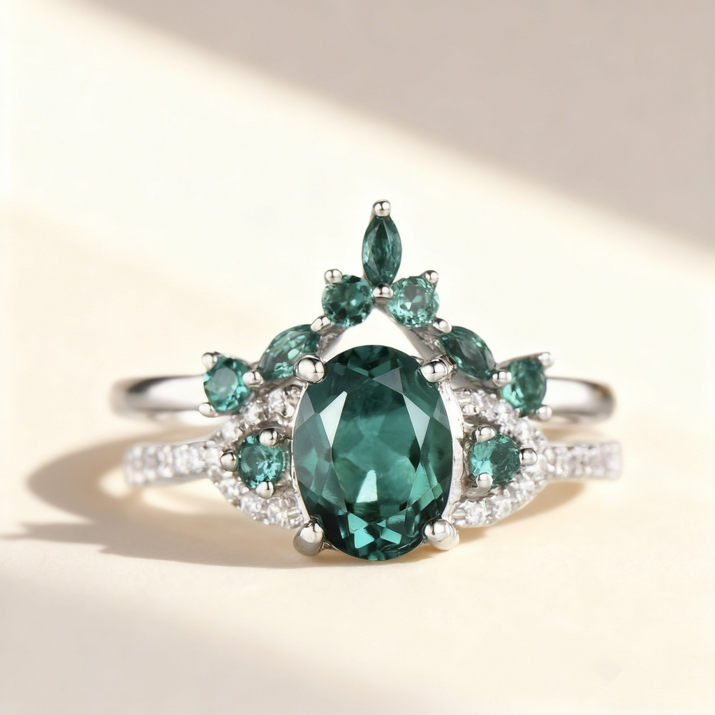 Oval-Cut Green Gemstone Crown Ring Set