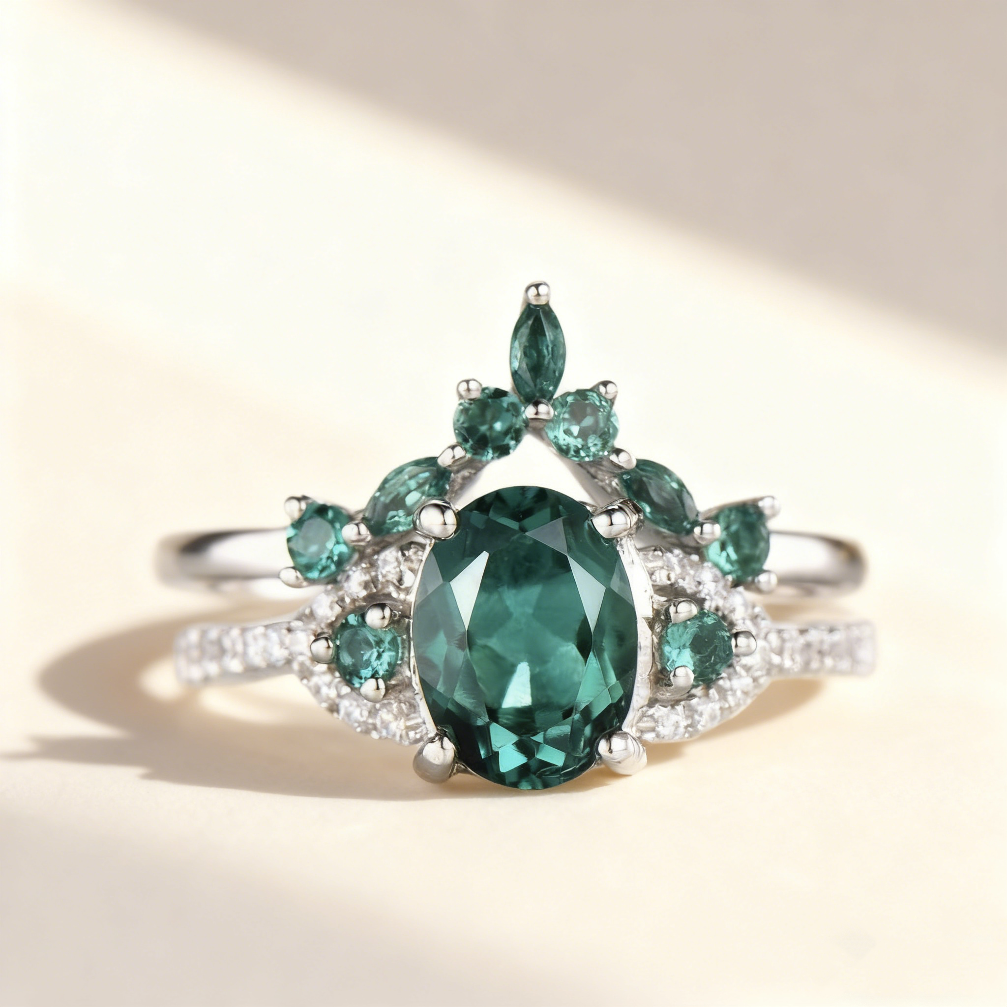 Oval-Cut Green Gemstone Crown Ring Set