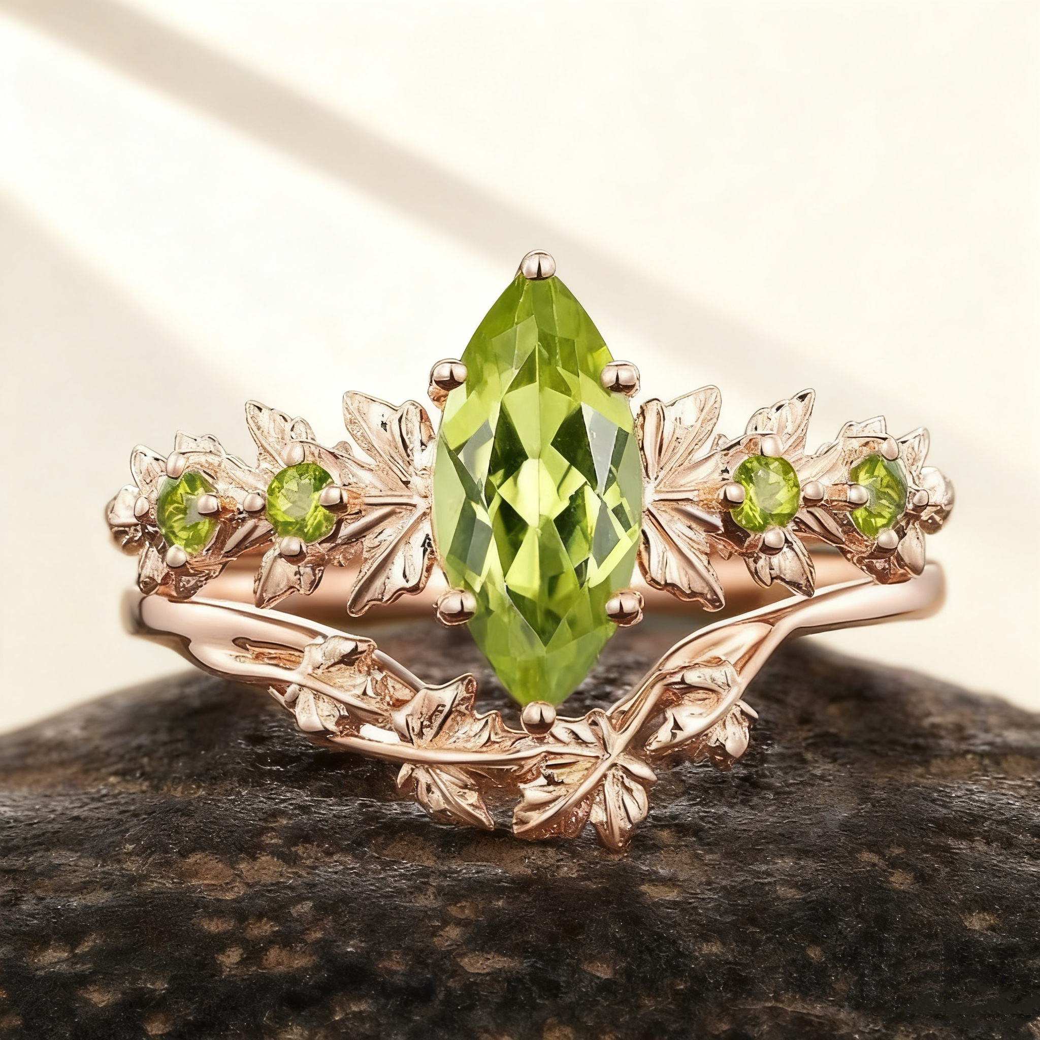 Marquise-Cut Green Gem Flower Ring Set