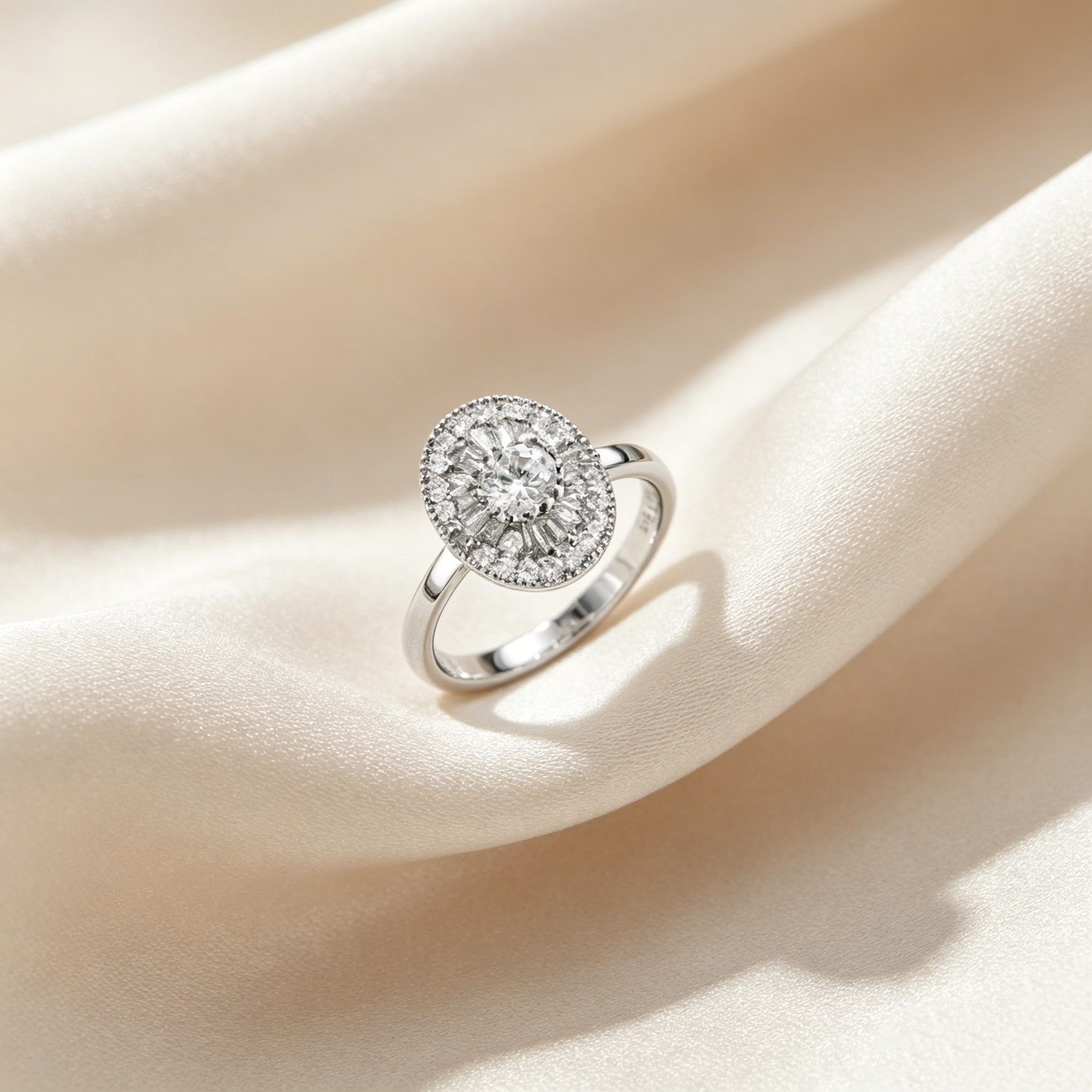 Oval Halo Sunburst Moissanite Ring