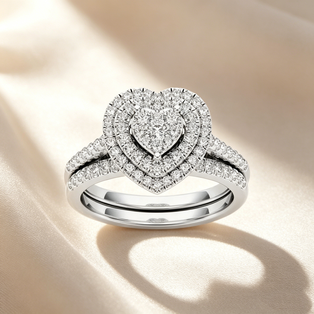 Two-piece set of full diamond heart-shaped rings
