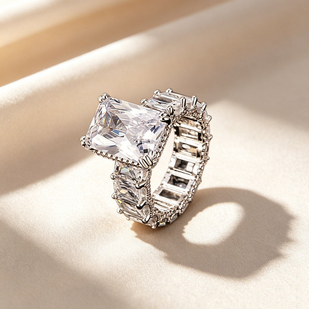 Emerald Cut Full Pavé Moissanite Ring