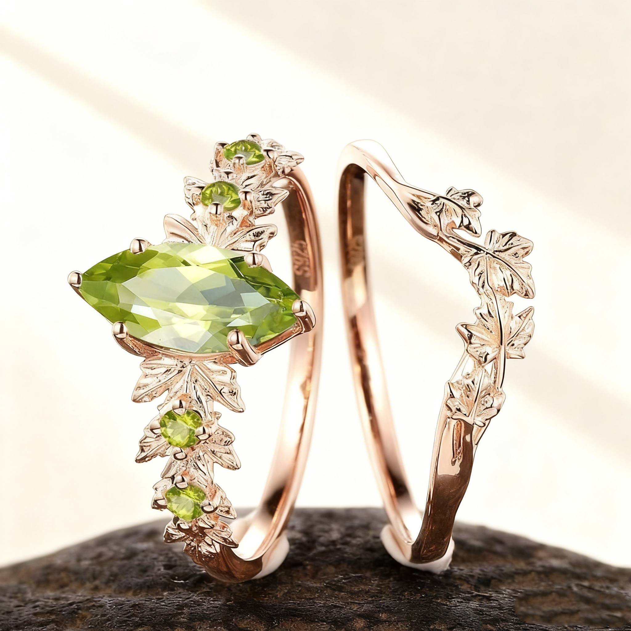 Marquise-Cut Green Gem Flower Ring Set