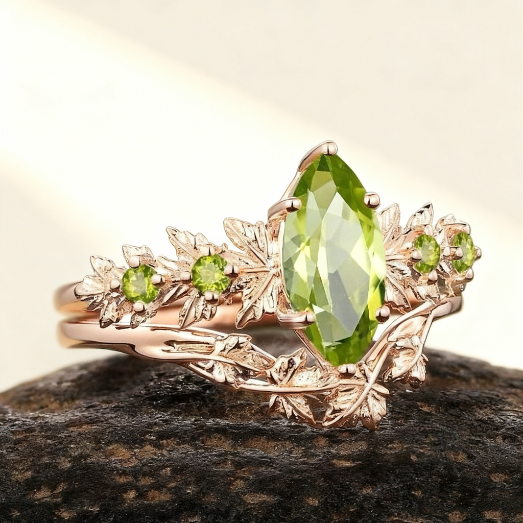 Marquise-Cut Green Gem Flower Ring Set