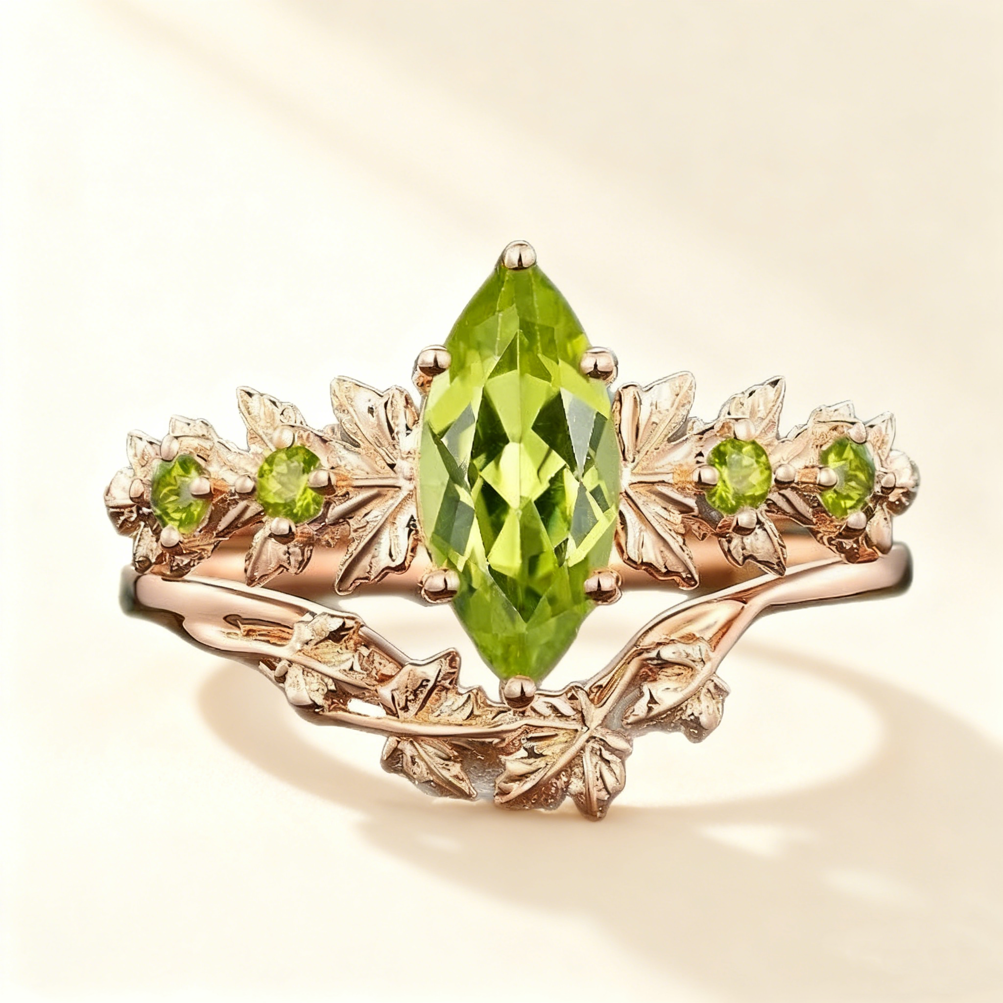 Marquise-Cut Green Gem Flower Ring Set