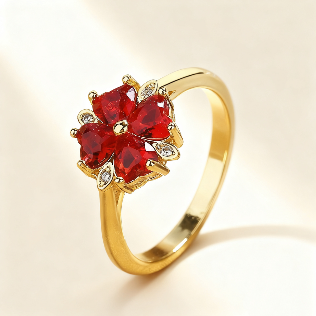 Heart-Cut Red Crystal Ring with Pavé Diamonds