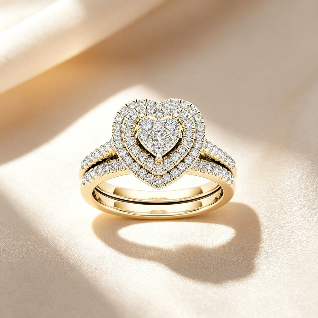 Two-piece set of full diamond heart-shaped rings