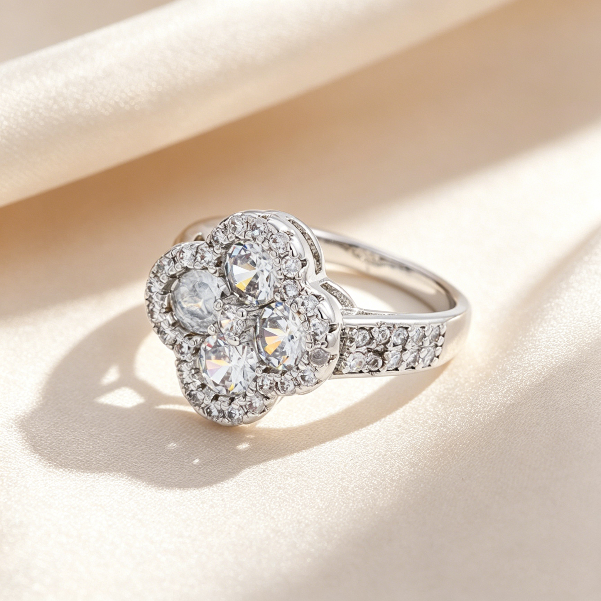 Four-Leaf Clover 4-Stone Cluster Full Paved Ring