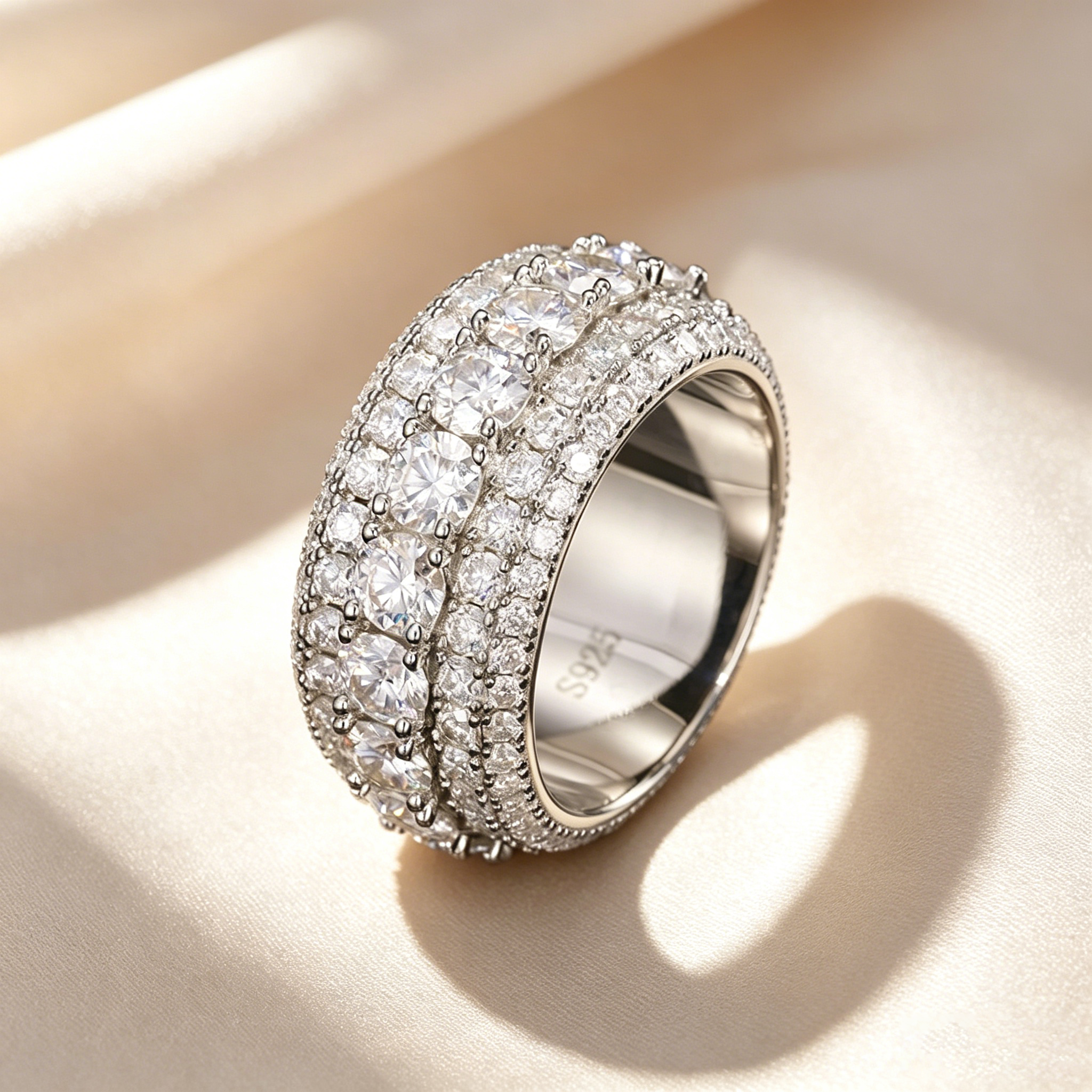 Wide Multi-Row Full Paved Moissanite Eternity Band Ring