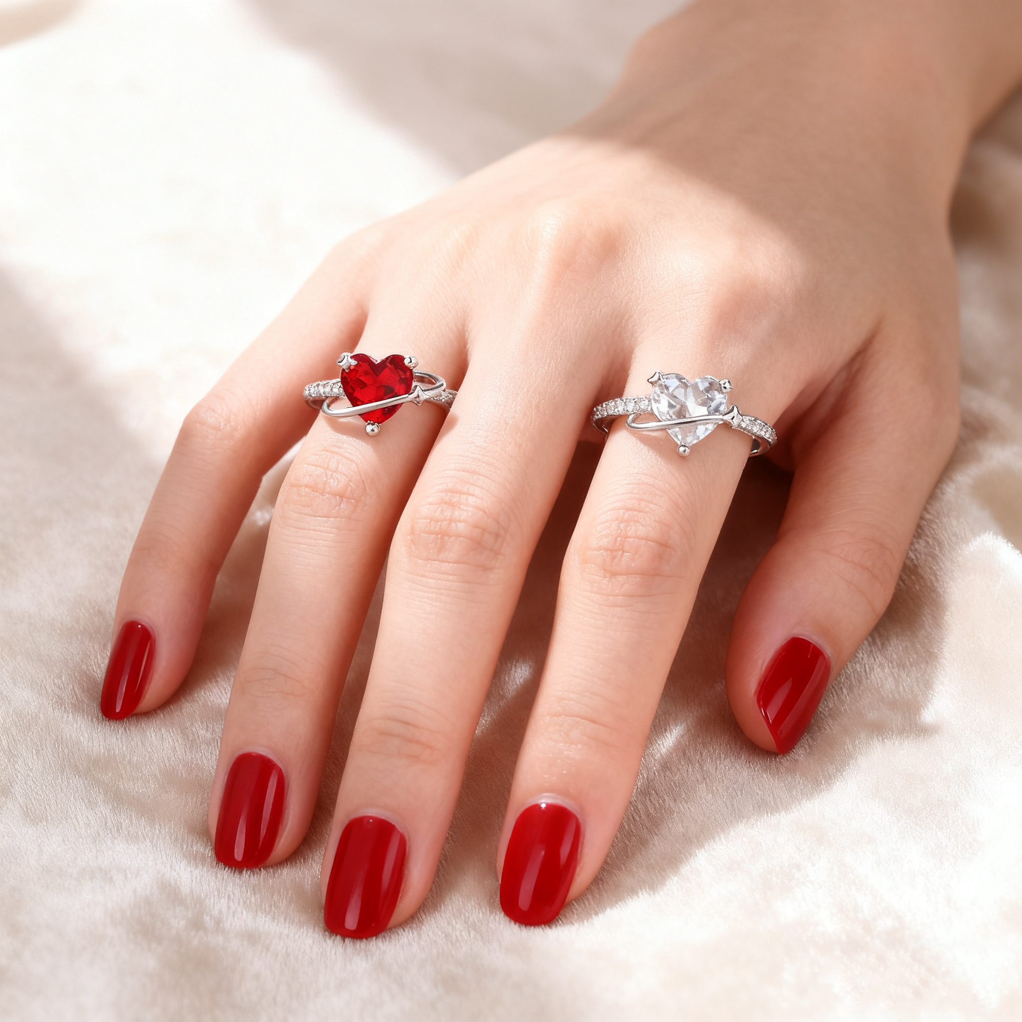 Heart-Cut Red Crystal & Diamond Ring
