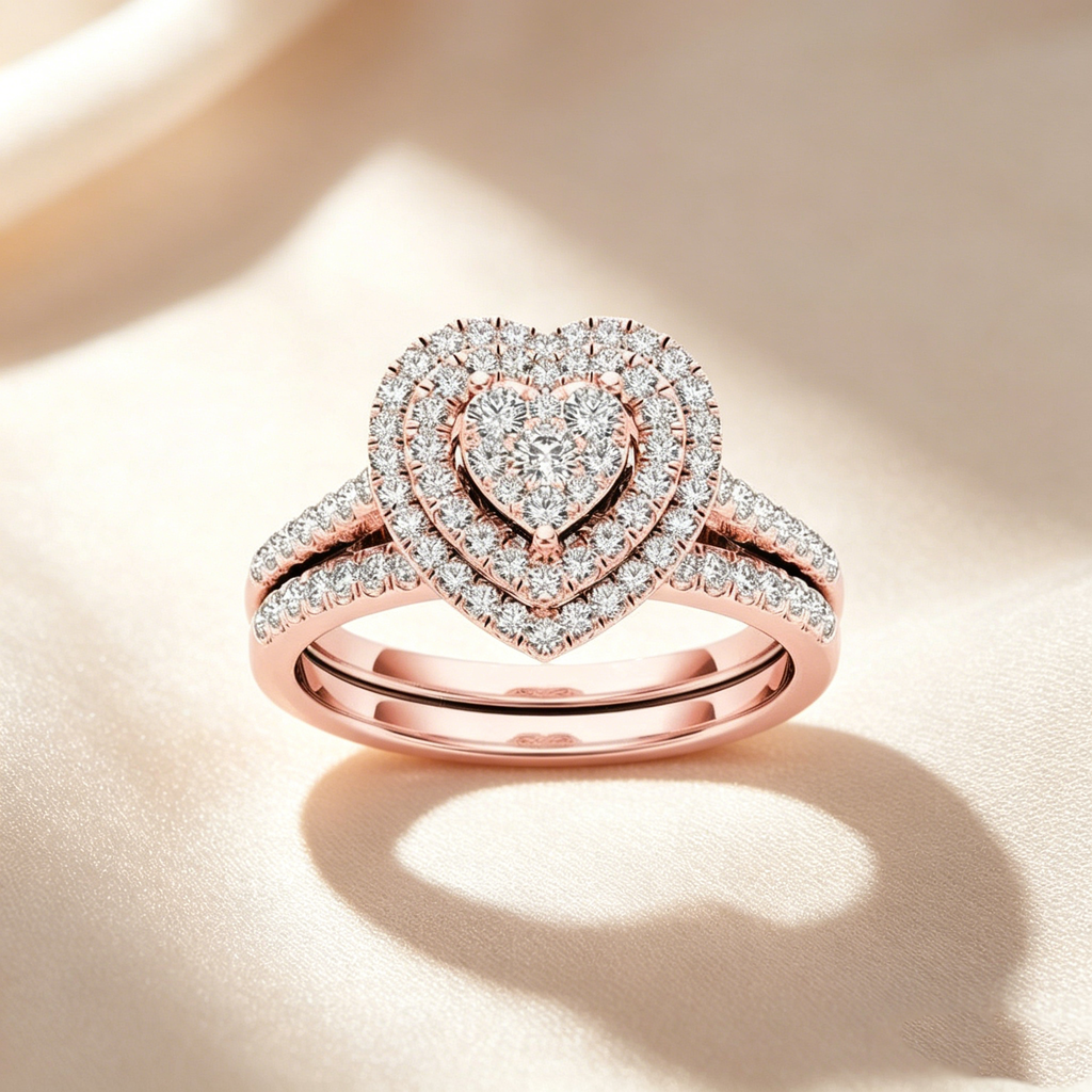 Two-piece set of full diamond heart-shaped rings