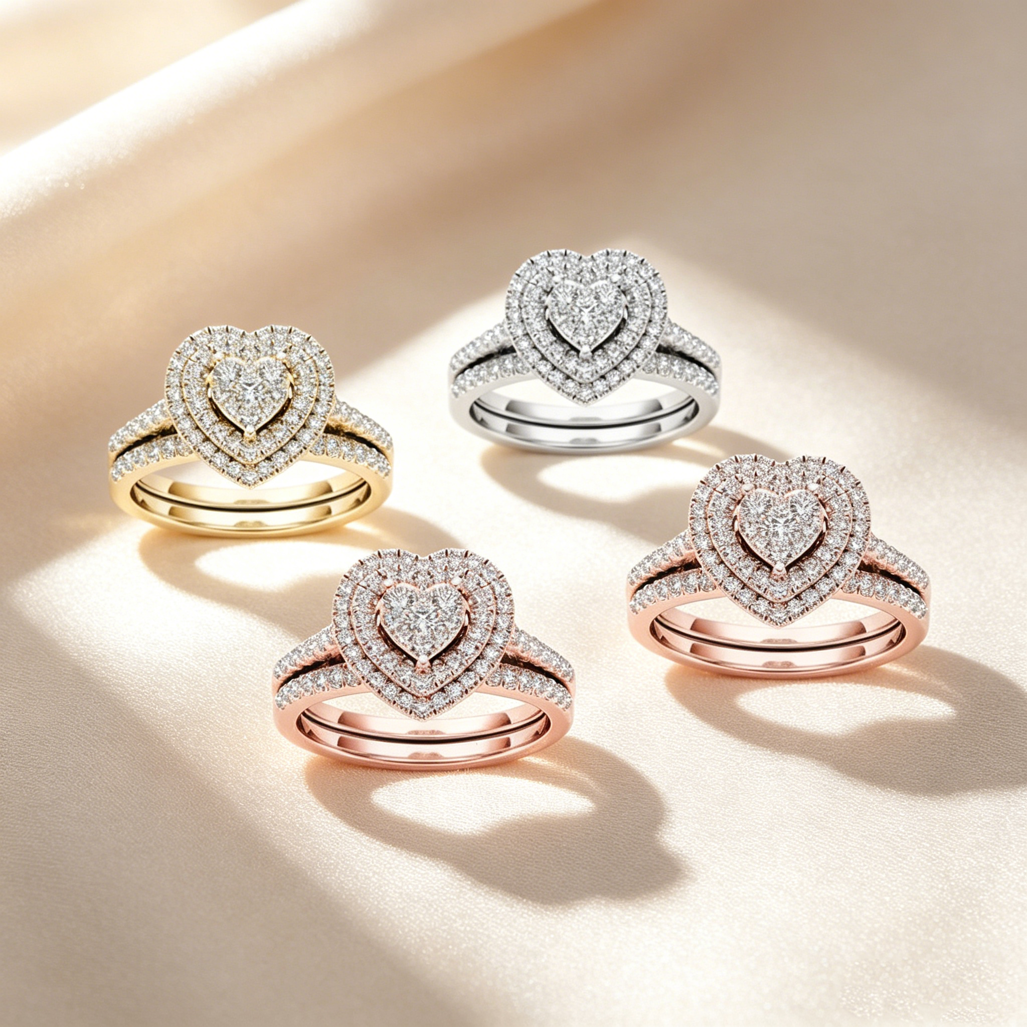 Two-piece set of full diamond heart-shaped rings