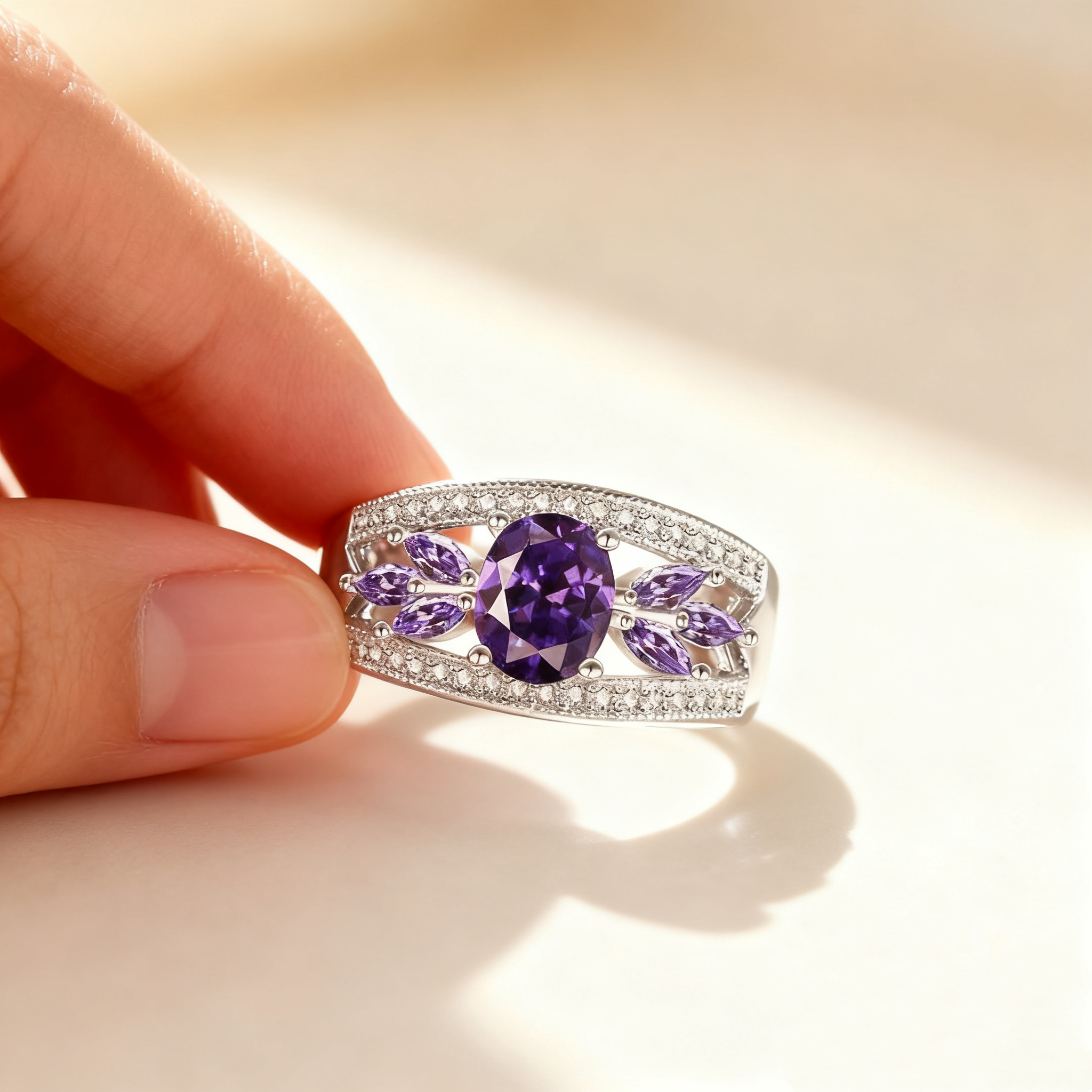Amethyst Floral Pavé Ring