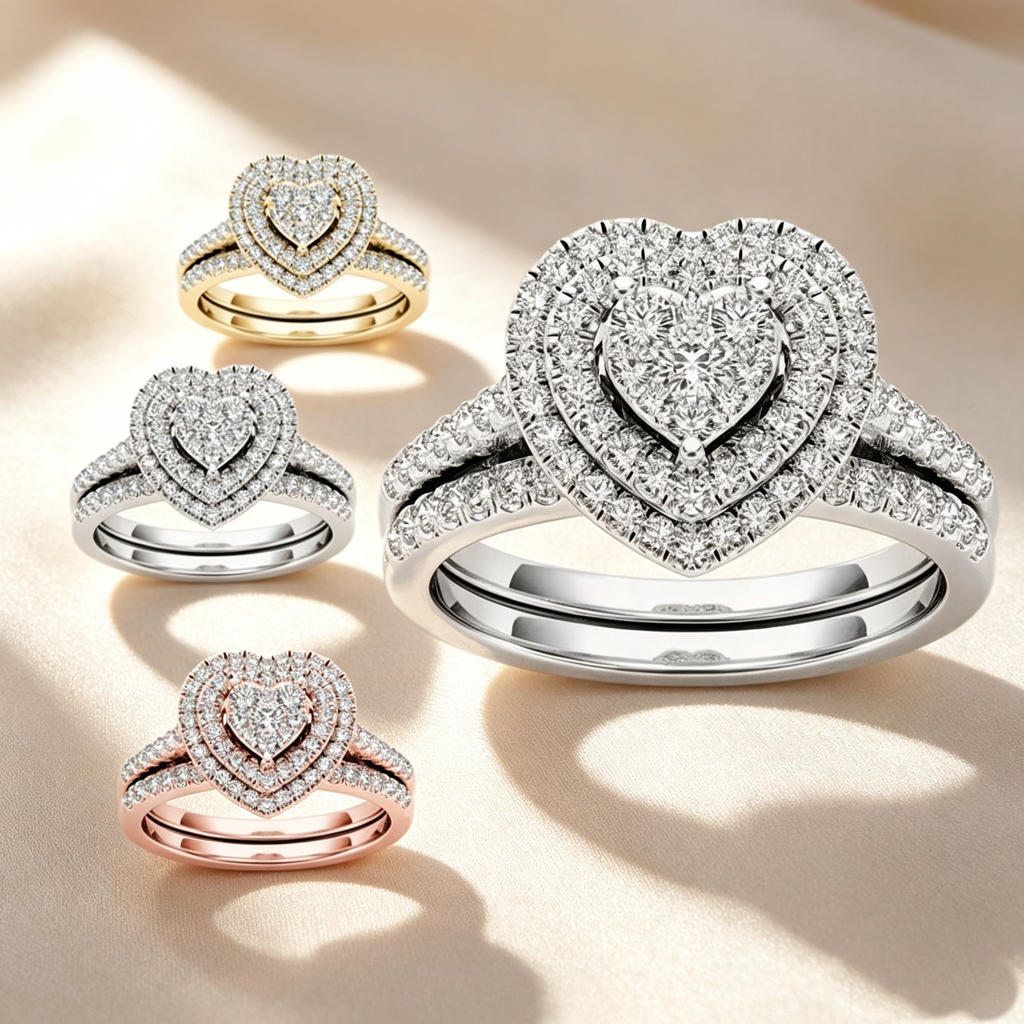 Two-piece set of full diamond heart-shaped rings