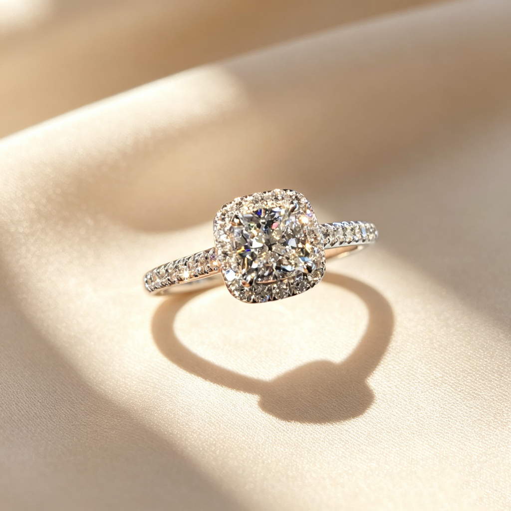 Cushion Cut Halo Moissanite Ring