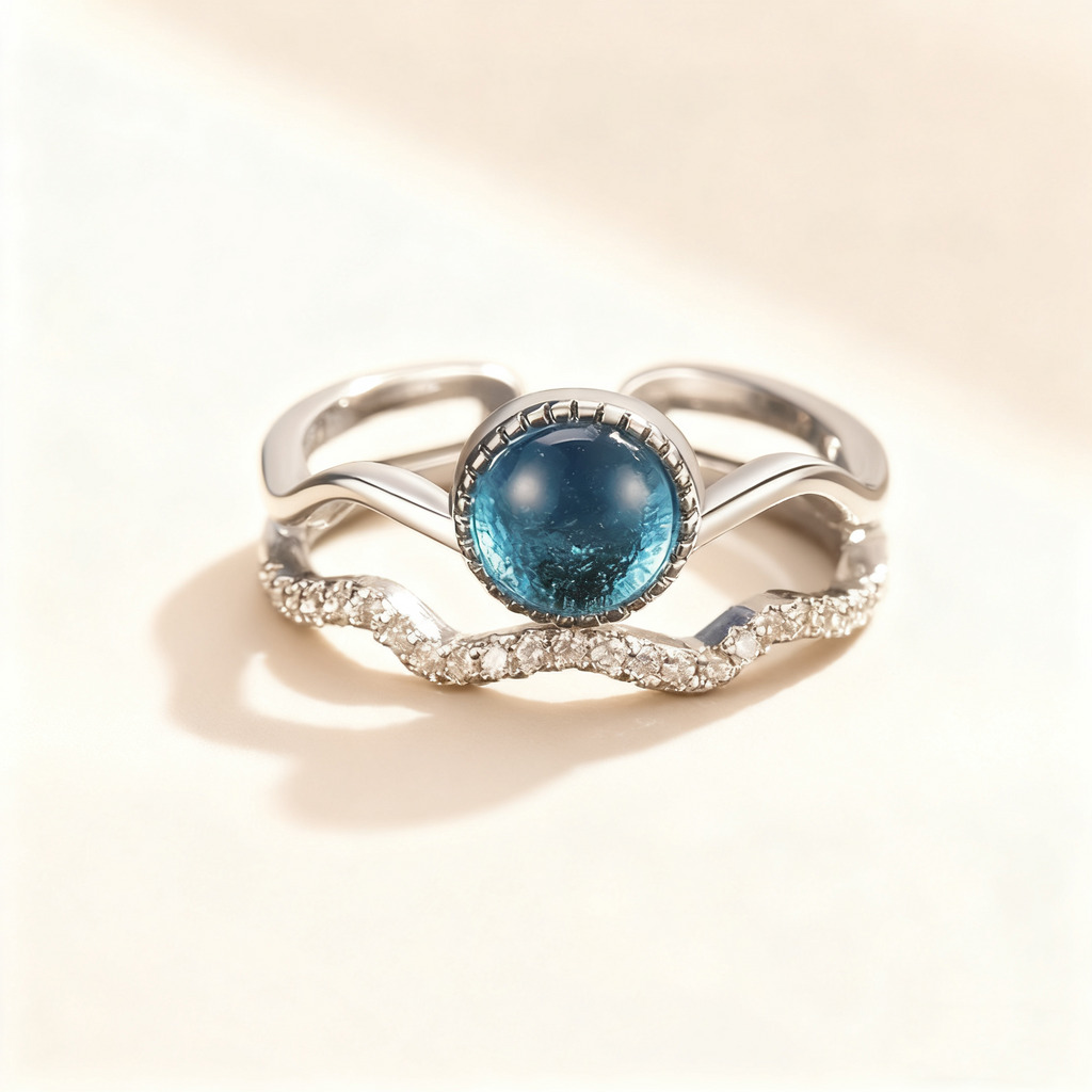 Blue Cat's Eye & Diamond Double-Row Ring