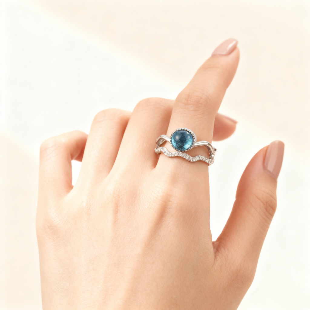 Blue Cat's Eye & Diamond Double-Row Ring