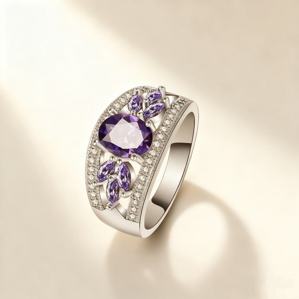Amethyst Floral Pavé Ring