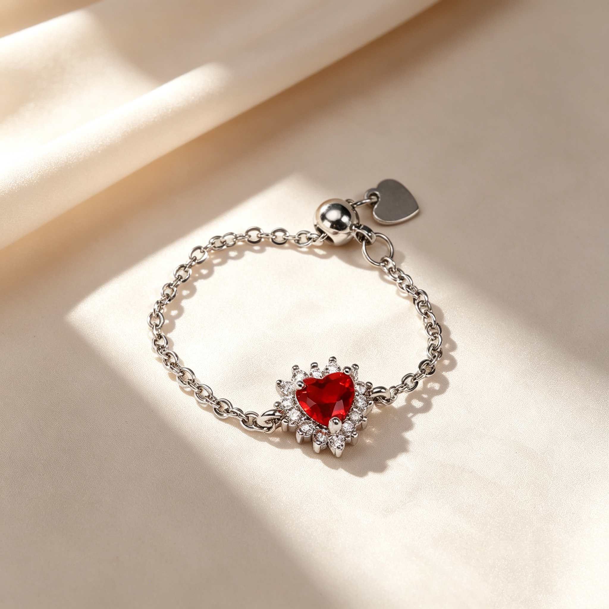 Adjustable Heart Crystal Chain Ring