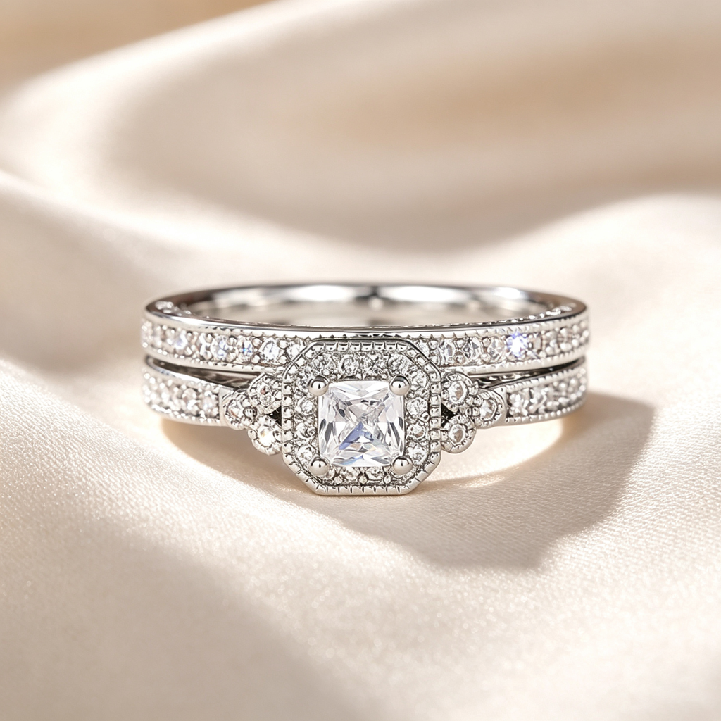 Cushion Double Halo Pave Stackable Ring Set