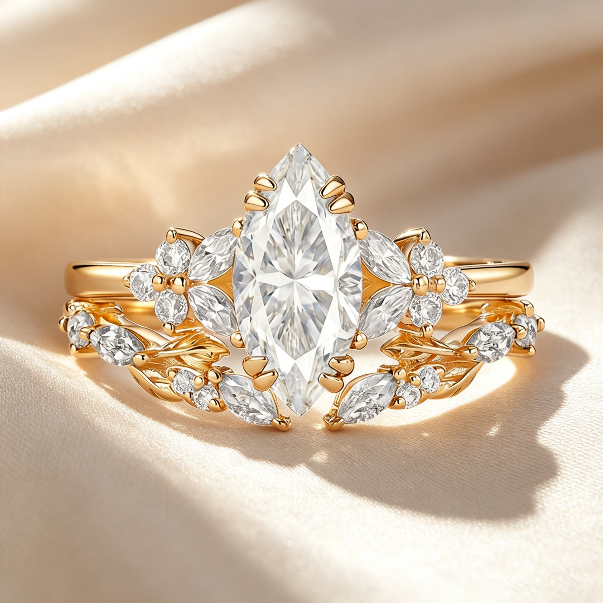 Marquise Floral Leaf Accent Moissanite Ring Set
