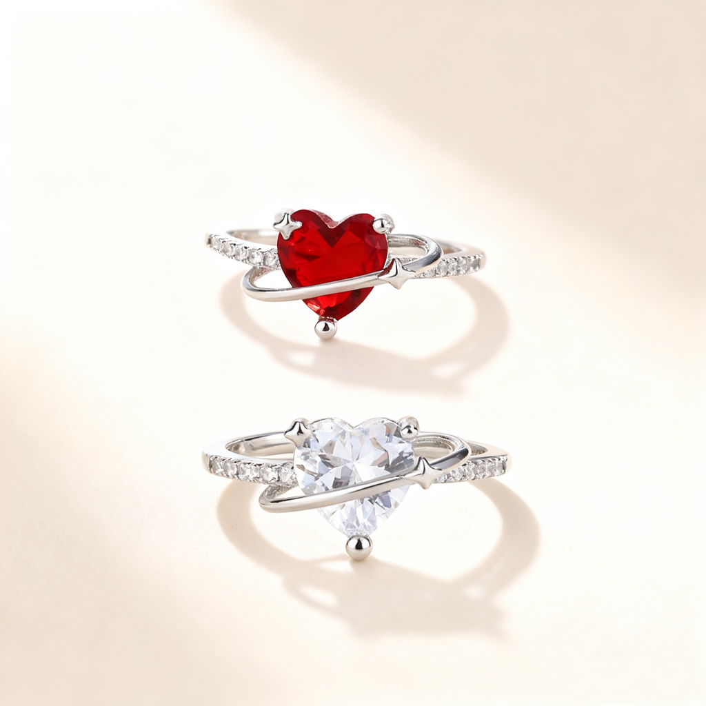 Heart-Cut Red Crystal & Diamond Ring
